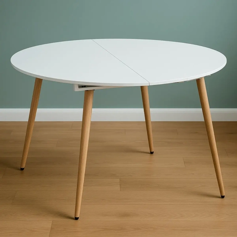 Mesa comedor LYRA extensible redonda blanca con patas efecto madera clara, extendida a 140 cm