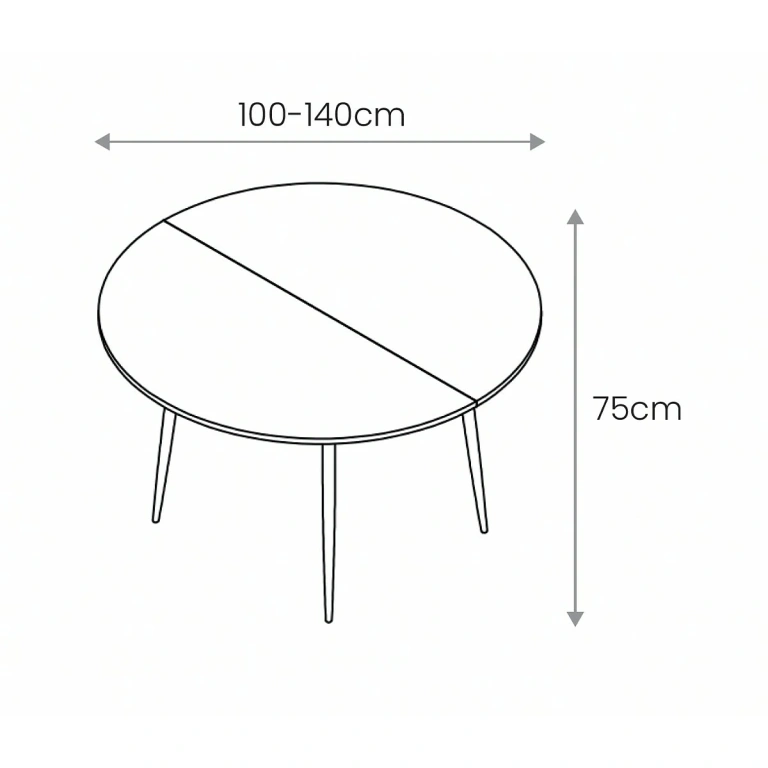 medidas de Mesa comedor LYRA extensible redonda blanca con patas efecto madera clara, extendida a 140 cm