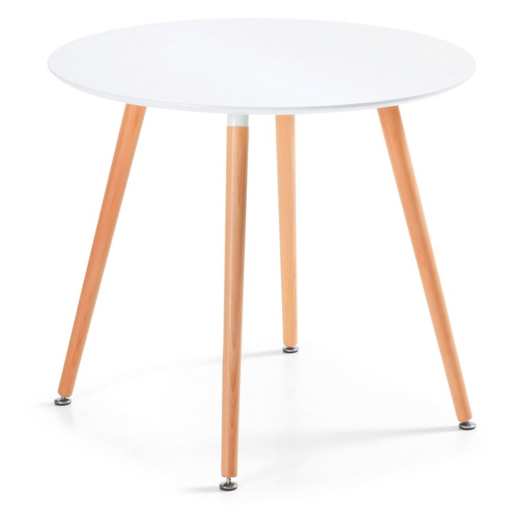 Mesa comedor Nordic redonda blanca con patas de madera natural.