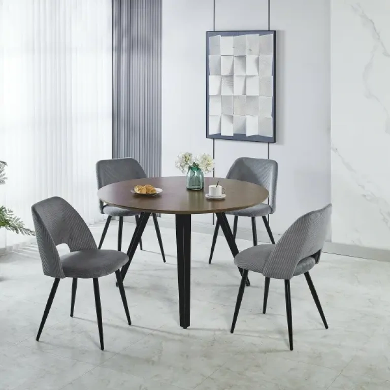 Mesa comedor Zenith redonda 90 cm en chapa nogal con patas metálicas negras,ambiente con 4 sillas