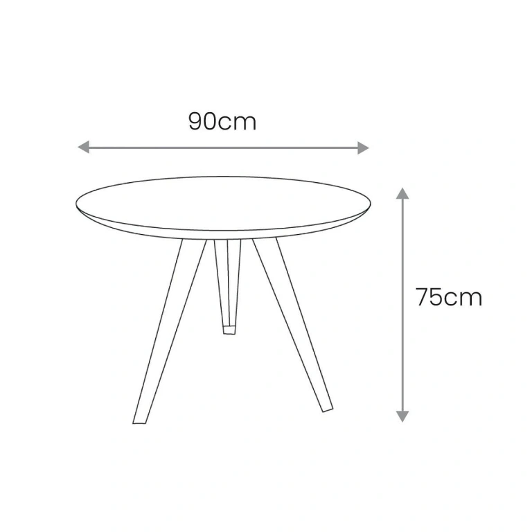 medidas Mesa comedor Zenith redonda 90 cm en chapa nogal con patas metálicas negras