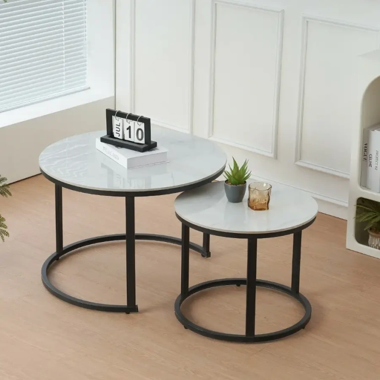 Set 2 mesas centro Aroa con tapa cerámica blanco-gris y base metálica negra