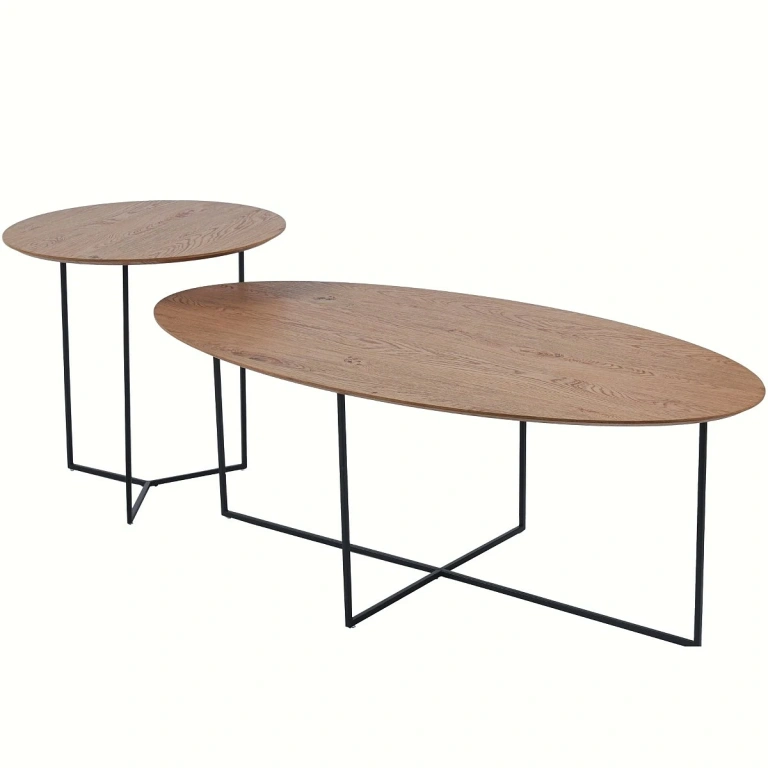 Set 2 mesas centro Bohemia roble con patas negras y diseño minimalista,imagen sin fondo