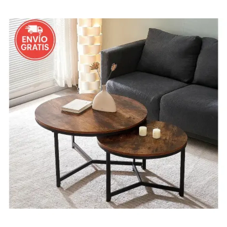 Set 2 mesas centro Canela nogal con tapa MDF y patas negras