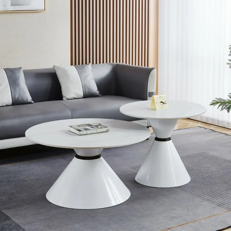 Set 2 mesas centro redondas Toten con tapa cerámica mármol blanco-gris y base metálica blanca con detalle negro