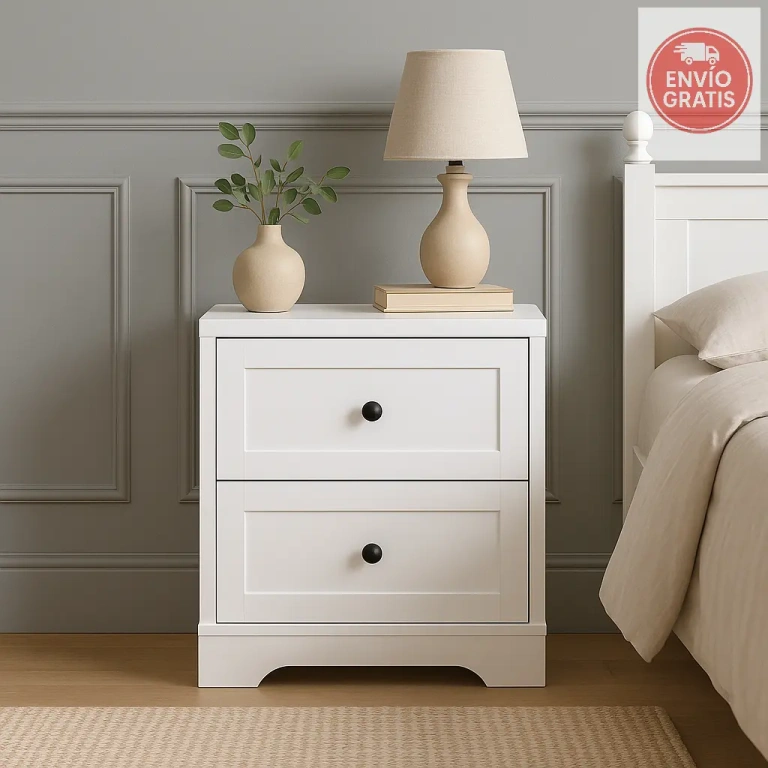 Mesita Ottavia blanca con dos cajones y patas de madera.