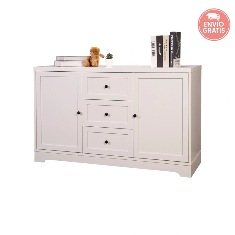 Aparador Ottavia blanco con 3 cajones y 2 puertas estilo vintage.