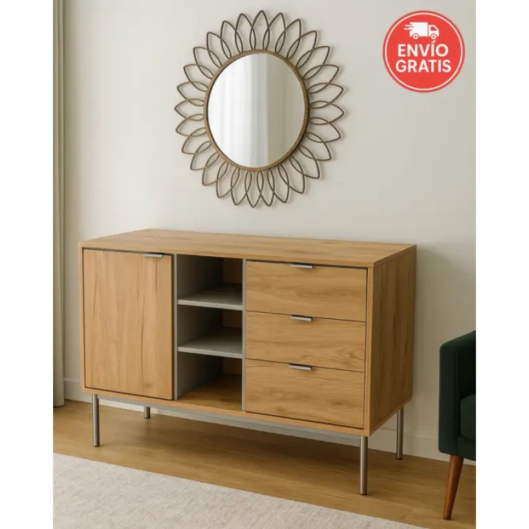 Aparador Sforza roble con patas metálicas níquel y tres cajones modernos