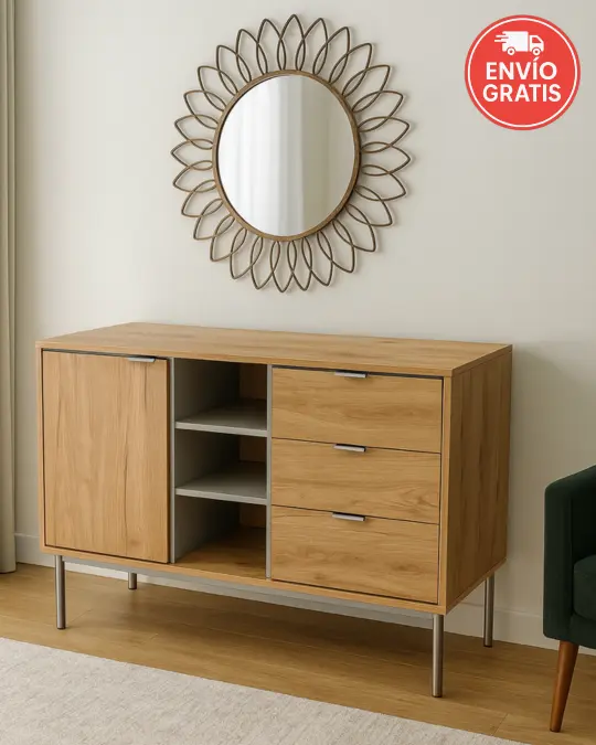 aparador-sforza-roble Aparador Sforza roble con patas metálicas níquel y tres cajones modernos