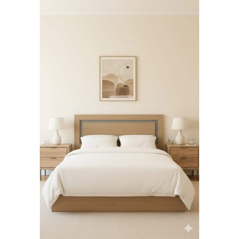 Cabecero y dos mesitas Sforza en roble natural con detalle gris