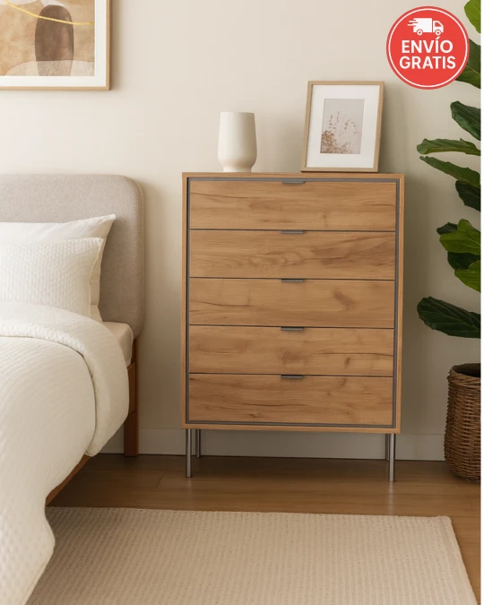 comoda-5-cajones-sforza Cómoda 5 cajones Sforza roble natural con patas y tiradores níquel