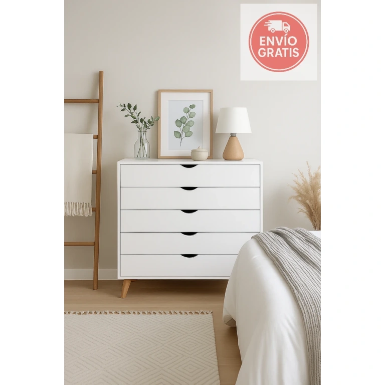 Cómoda Fiano Blanca 5 Cajones moderna para dormitorio.