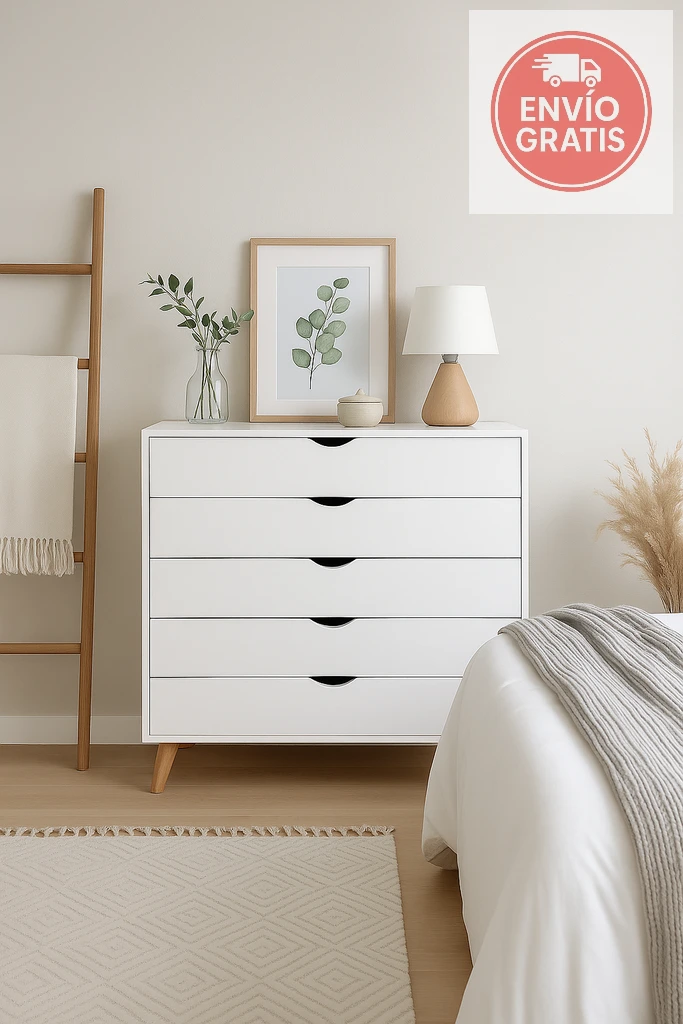 comoda-fiano-blanca-5-cajones Cómoda Fiano Blanca 5 Cajones moderna para dormitorio.