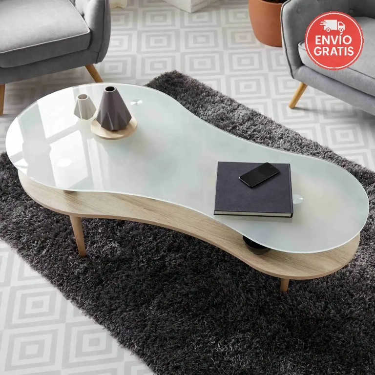 Mesa centro Peanut tapa glaseada con patas de madera de haya