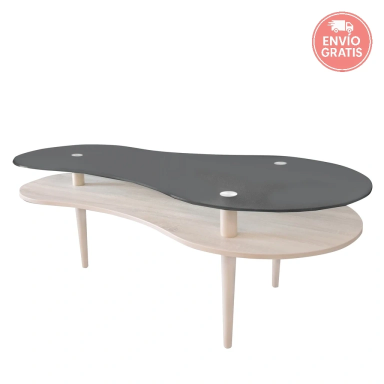 Mesa centro Peanut tapa negra con patas de madera roble