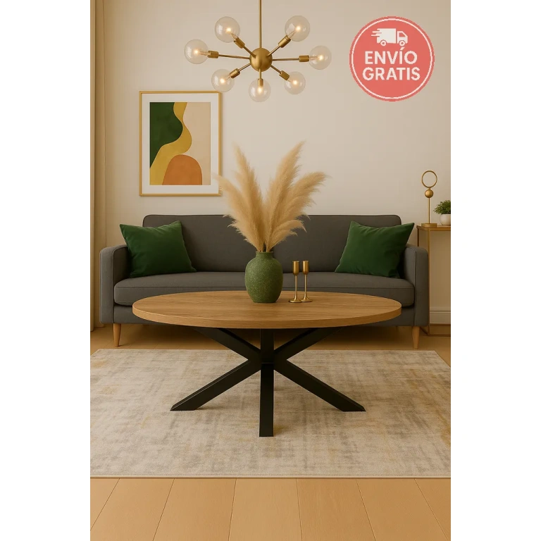 Mesa centro Stacy oval con tapa color roble y patas negras