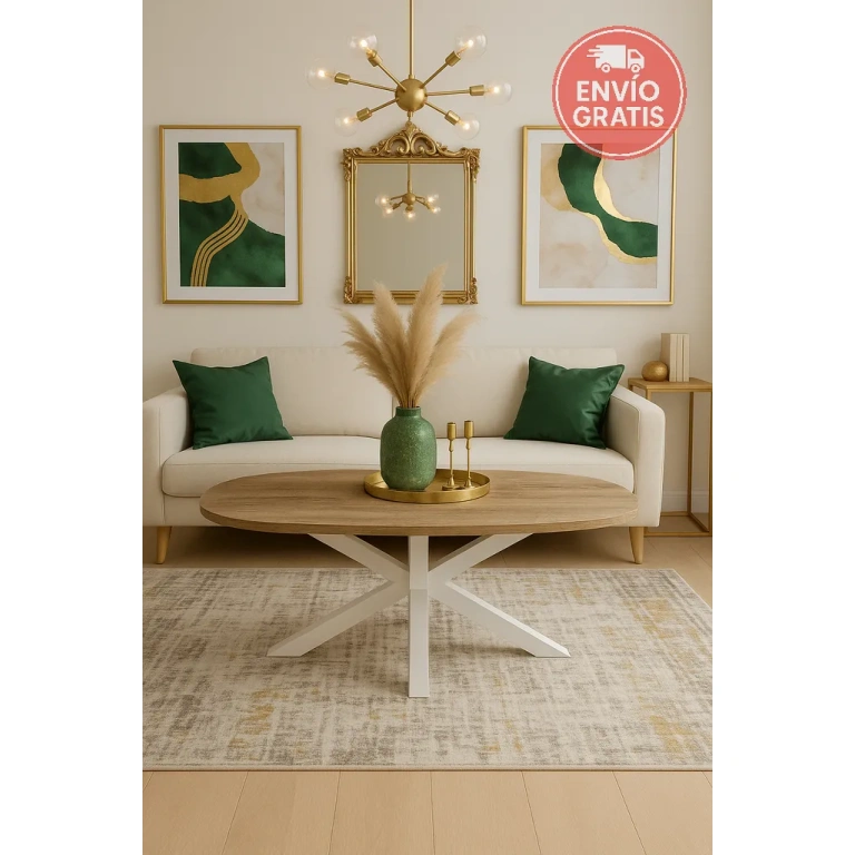 Mesa centro Stacy ovalada roble y blanco con patas blancas