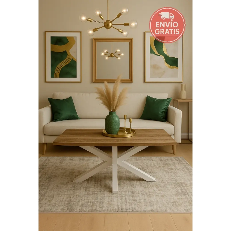 Mesa centro Stacy rectangular roble y blanco en salón moderno