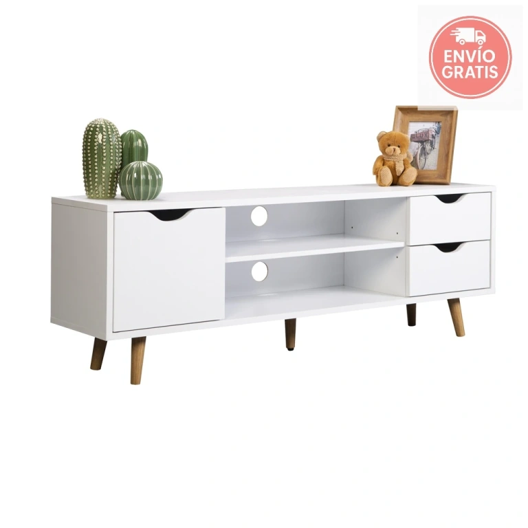 Mesa TV Fiano Blanca 120 con patas de madera estilo nórdico.