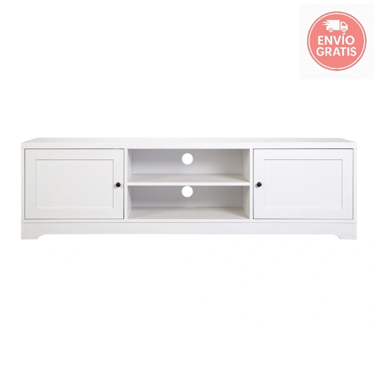 Mesa TV Ottavia blanca con 2 puertas y 3 huecos centrales.