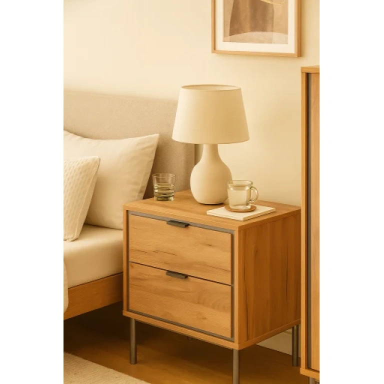 Mesita 2 cajones Sforza roble natural con patas y tiradores níquel