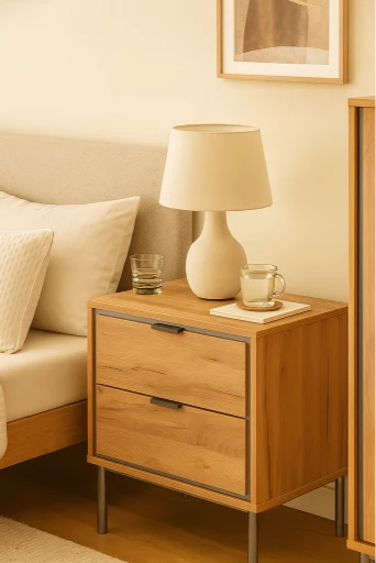 mesita-2-cajones-sforza Mesita 2 cajones Sforza roble natural con patas y tiradores níquel