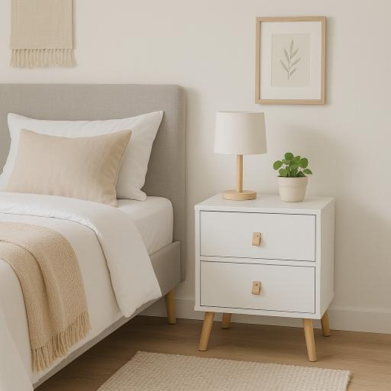 Mesita de noche Anzio 2 cajones blanca con patas de madera