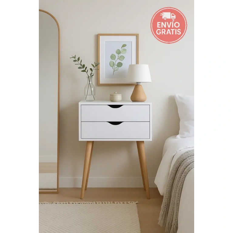 Mesita Fiano blanca 2 cajones moderna con patas de madera