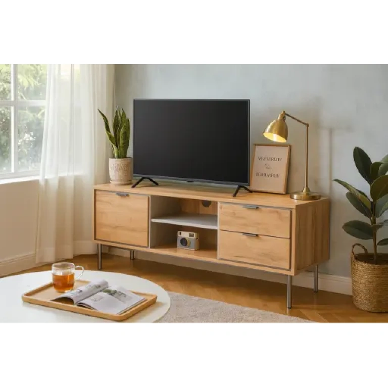 Mueble TV Sforza roble natural con patas metálicas níquel y diseño moderno