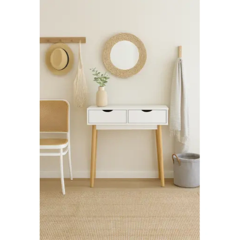 Recibidor Fiano blanco con dos cajones y patas de madera