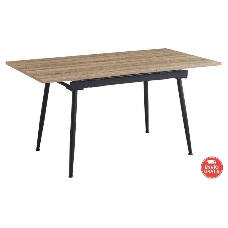 Mesa Trenton extensible en color roble aserrado con patas metálicas negras