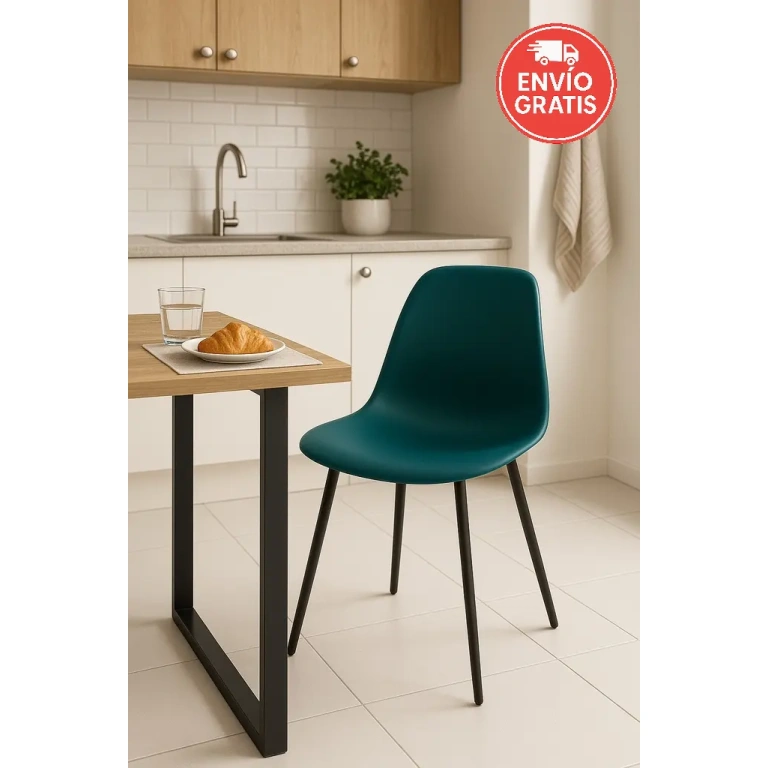 Pack de 4 sillas Atlantic azul petróleo con patas negras metálicas estilo industrial.