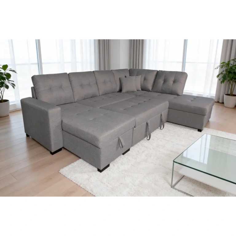 Chaiselongue rinconera cama Aitana gris con arcón y doble chaise longue