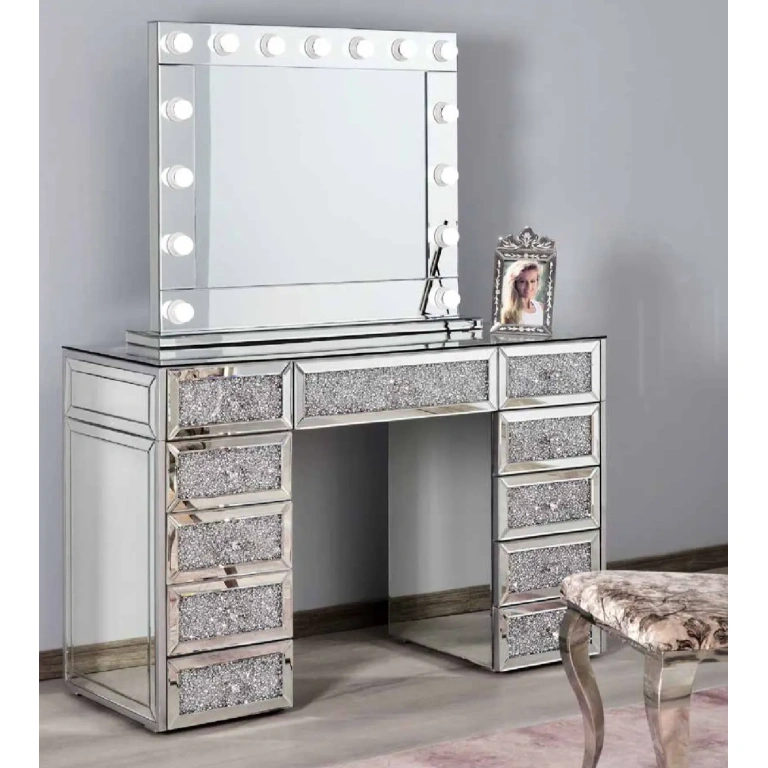 Conjunto de tocador Catar cristal espejado estructura dorada glam dormitorio