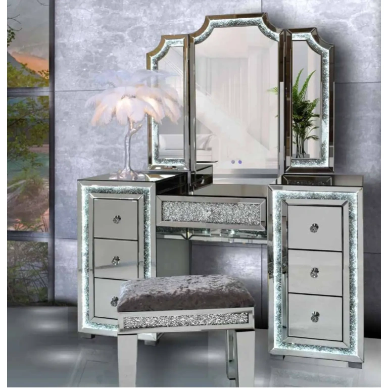 conjunto tocador Dubai espejo banqueta cristal dormitorio moderno Muebles Juvial