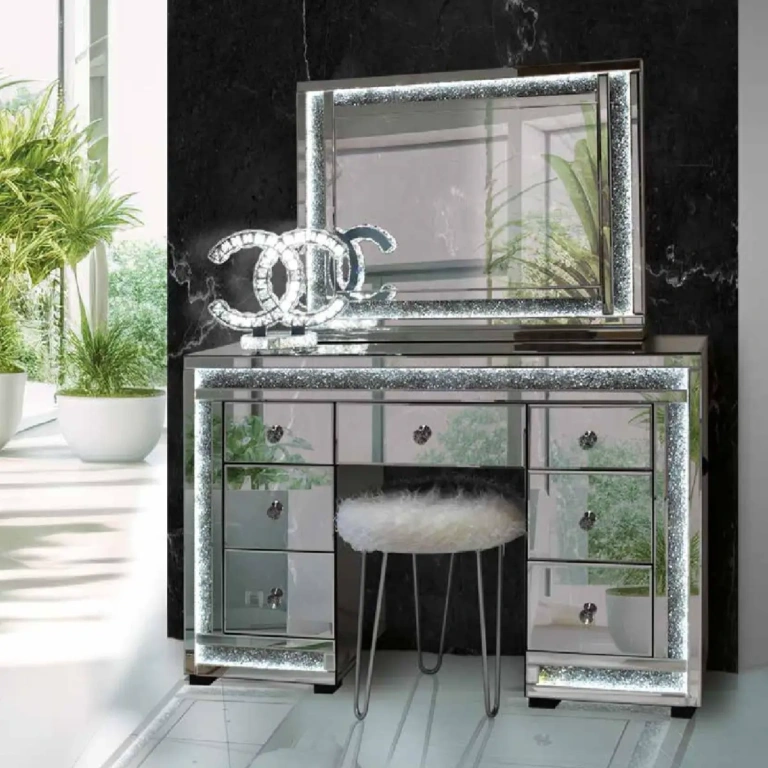 Conjunto tocador LED Golden con espejo tocador con luz efecto diamante y banqueta pelo sintético – Muebles Juvial
