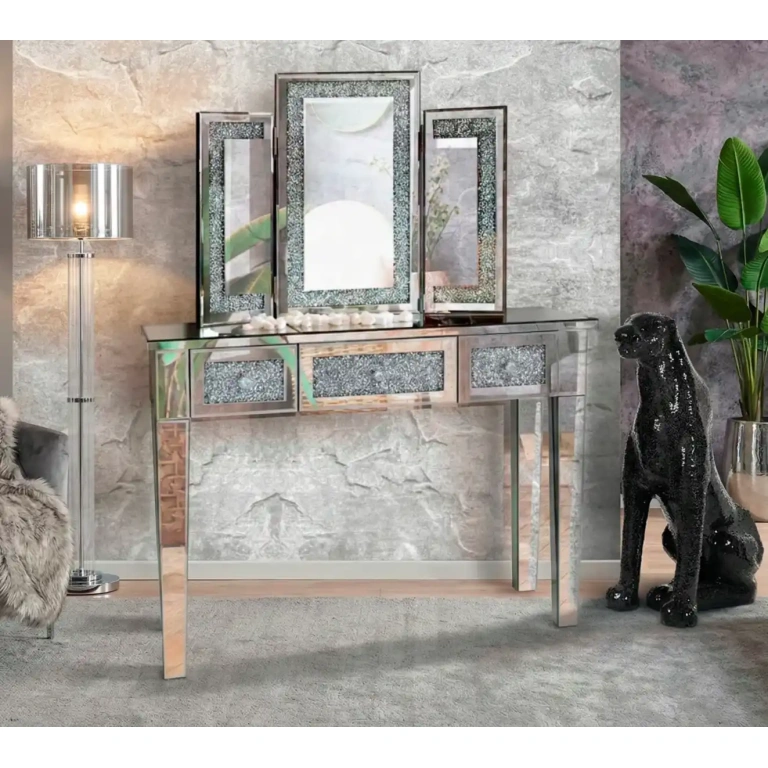 Conjunto tocador Milán espejo biselado cristal triturado brillante espejo tríptico dormitorio – Muebles Juvial