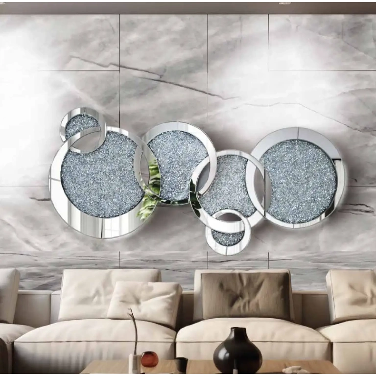 Espejo decorativo salón círculos cristal triturado plateado Bella
