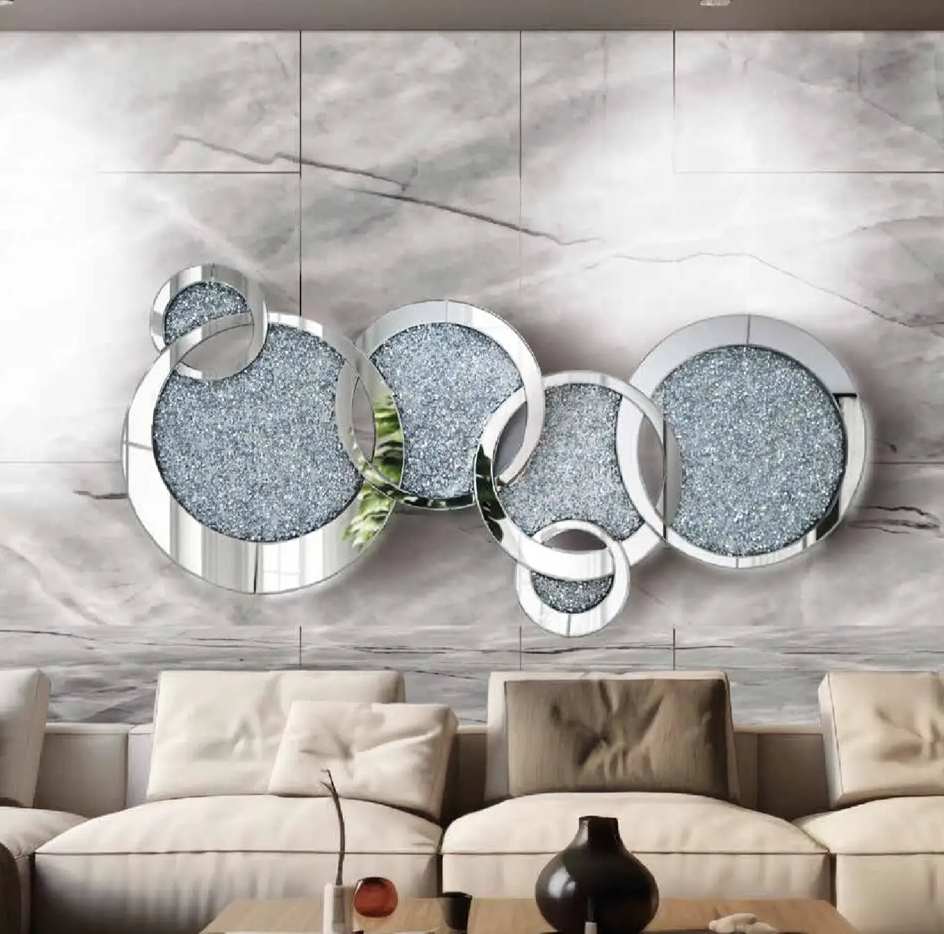 espejo-decorativo-salon-circulos-cristal-bella Espejo decorativo salón círculos cristal triturado plateado Bella