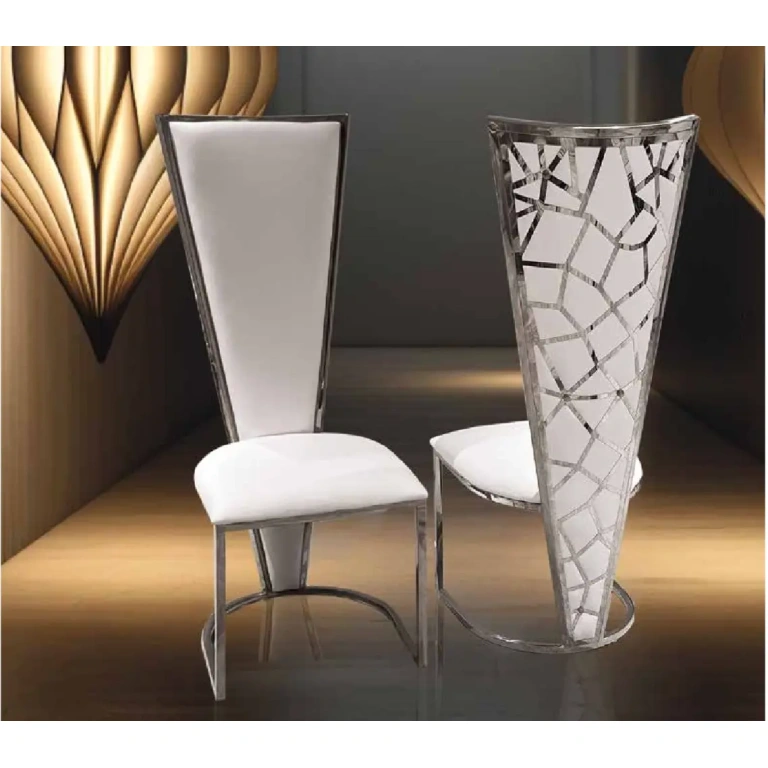 Silla acero inoxidable plata Gaudí respaldo alto 125 cm tapizado PU blanco comedor lujo