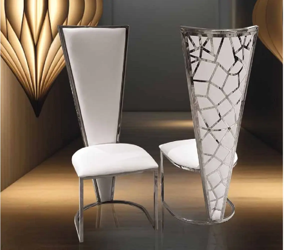 silla-acero-inoxidable-plata-gaudi-respaldo-alto Silla acero inoxidable plata Gaudí respaldo alto 125 cm tapizado PU blanco comedor lujo