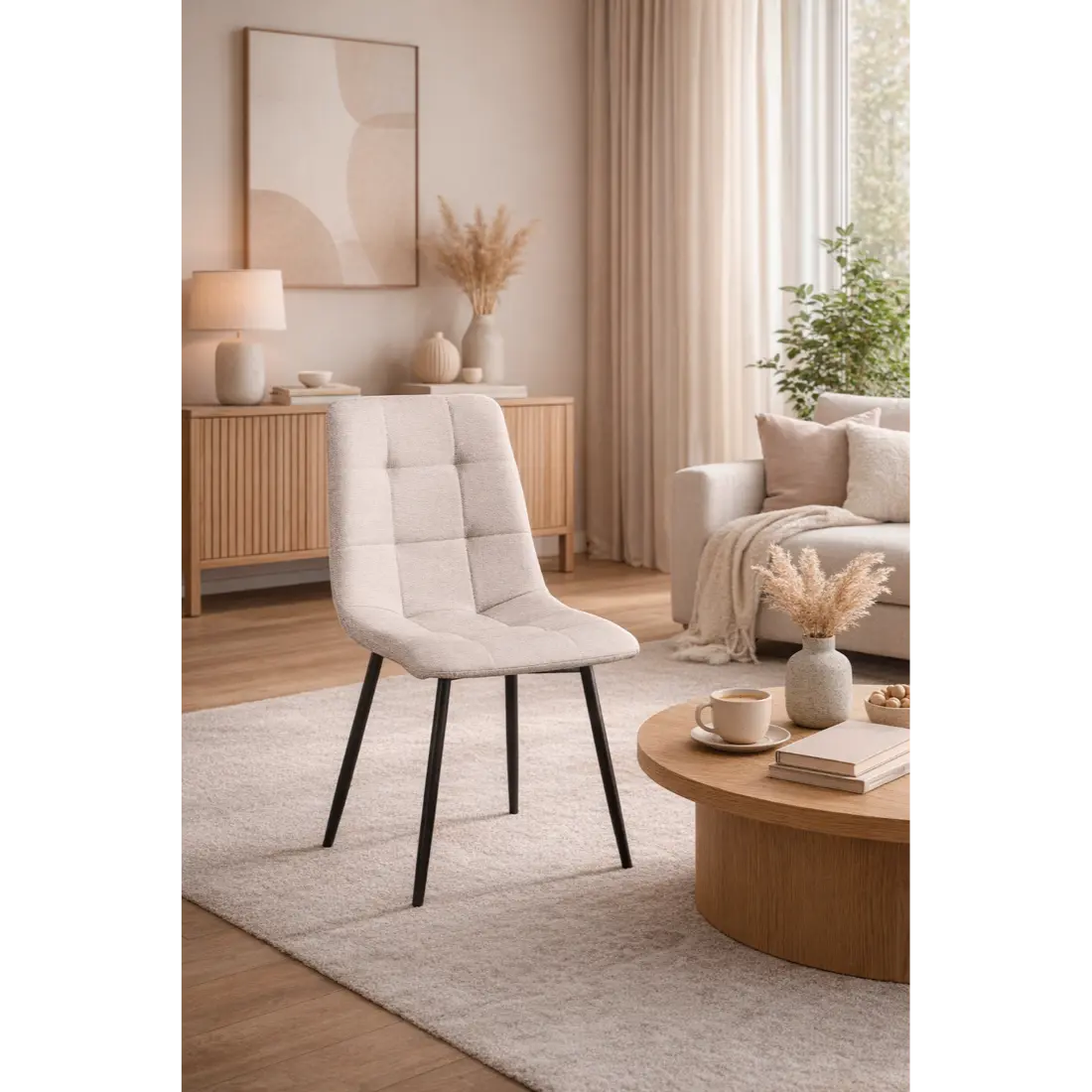 silla-comedor-fender-tapizada-beige Silla comedor Fender tapizada en beige con patas metálicas negras