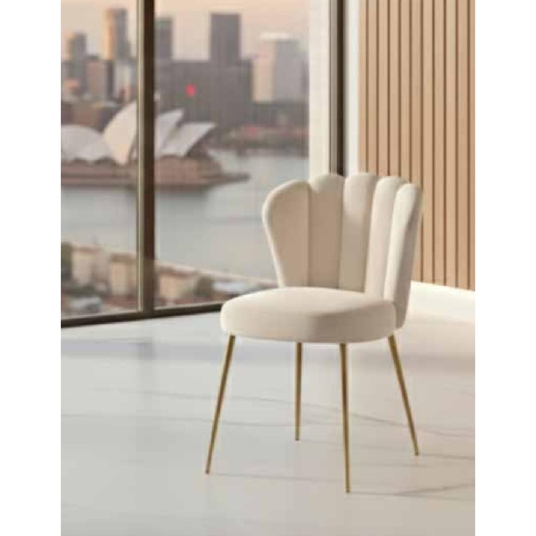 Silla comedor lujo Abril tapizado PU blanco crema respaldo flor patas doradas