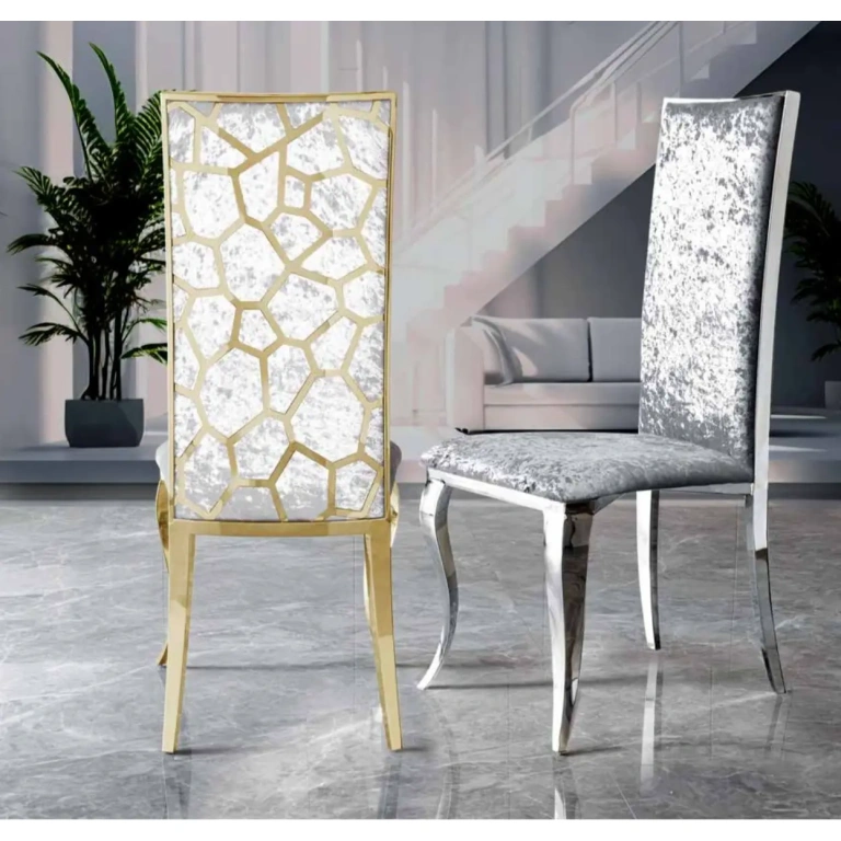 Silla moderna comedor Gaudí acero cromado tapizado terciopelo blanco y plata