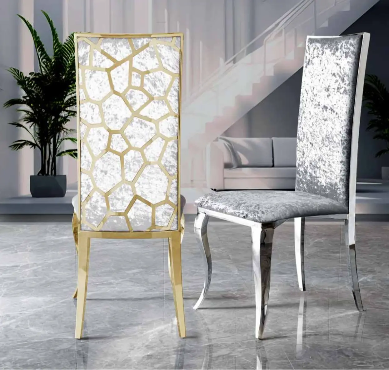 silla-moderna-comedor-gaudi Silla moderna comedor Gaudí acero cromado tapizado terciopelo blanco y plata