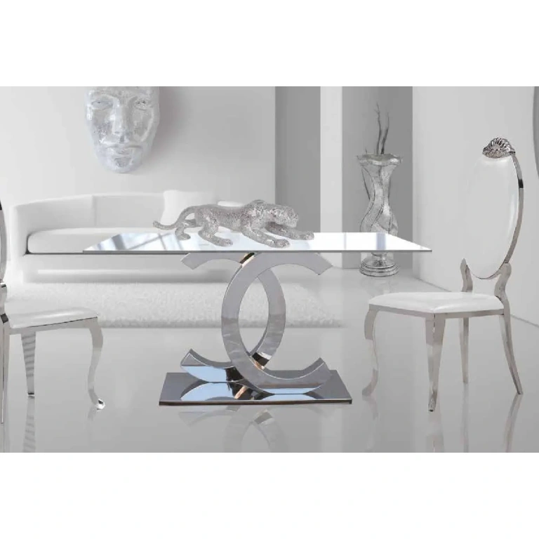 Mesa comedor acero cromado Nora tapa cristal templado transparente 150 cm diseño minimalista