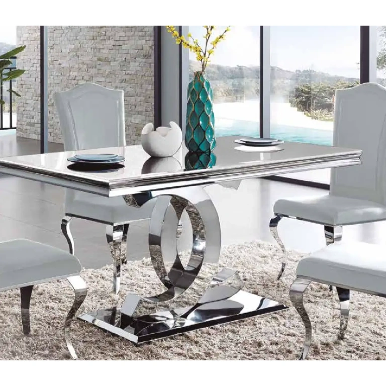 Mesa comedor acero Noemi base curvada cromada tapa cristal templado blanco 180 cm – Muebles Juvial