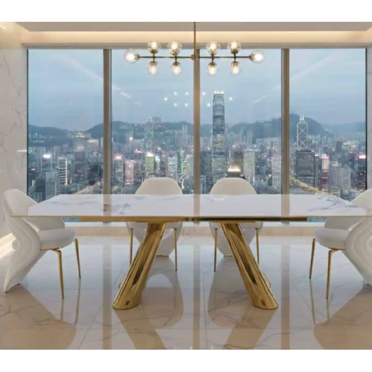 mesa comedor extensible Alana porcelánico vetas grises acero dorado comedor moderno