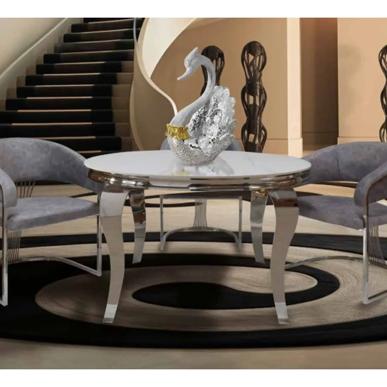 mesa de comedor porcelánica redonda Abril blanca veteada