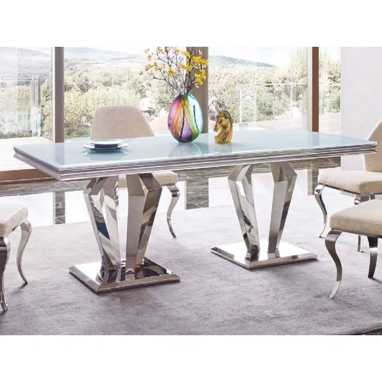 Mesa comedor Vera cristal templado blanco base acero cromado detalle acabado